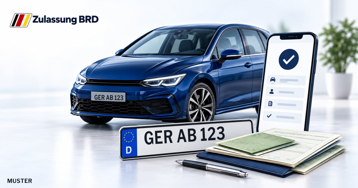 Online Fahrzeugzulassung in Kandel: Musterkennzeichen GER AB 123, Auto und Fahrzeugpapiere und Smartphone. Illustration mit Logo von Zulassung BRD.